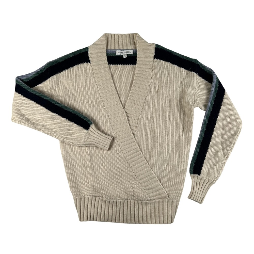 Heartloom Sweater Womens XS Beige Wrap V Neck Stripe Long Sleeve Knit Pullover